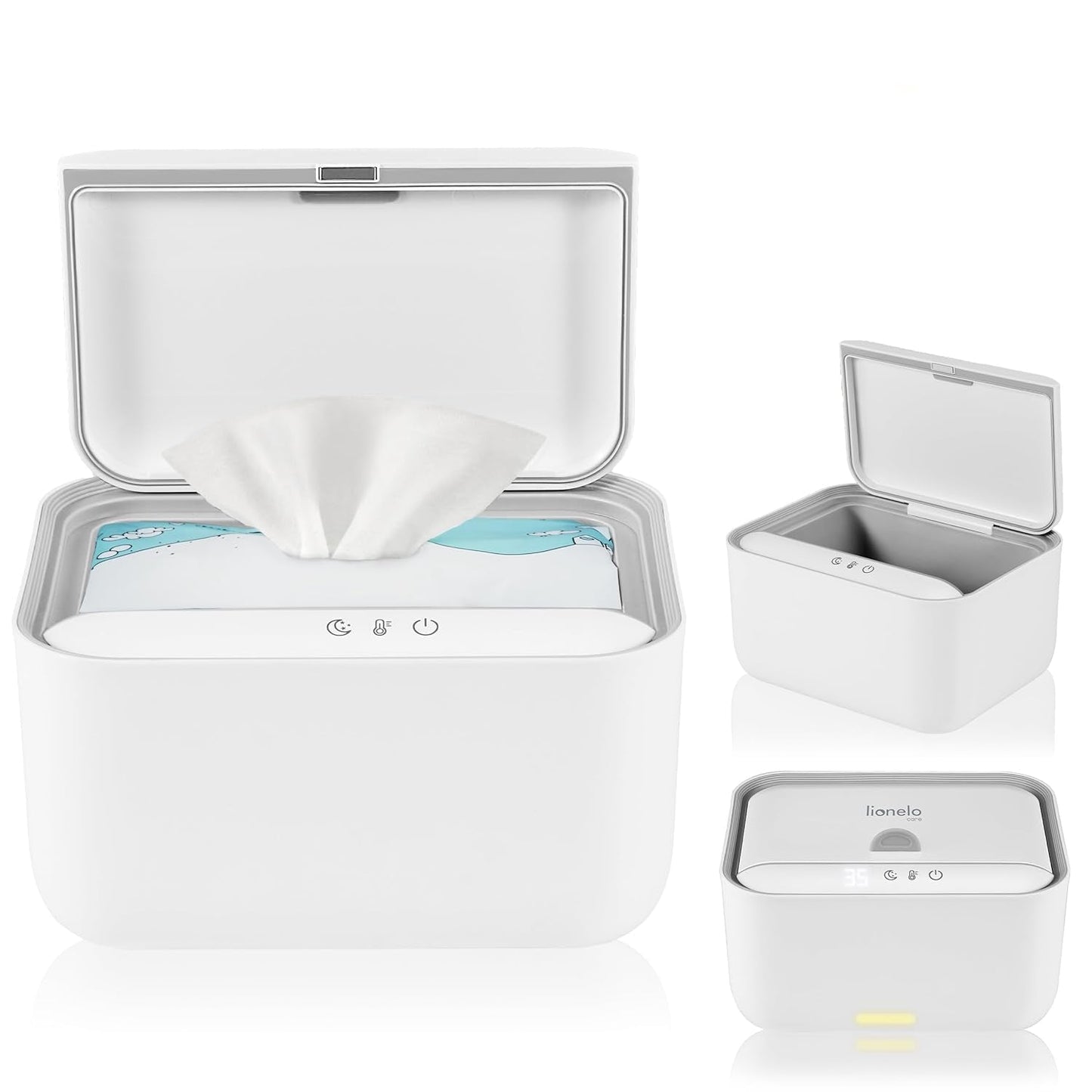 Lionelo BABYBLISS 20W Warmer voor vochtige doekjes en kleine handdoekjes, 20W voor baby's, ingebouwd nachtlampje, 3 warmtestanden, touchpanel, houdt de doekjes vochtig