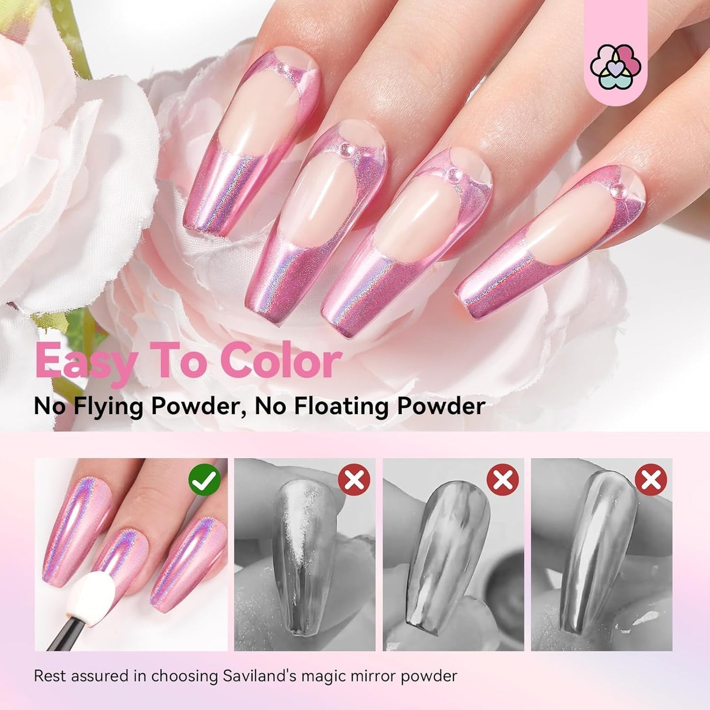 Saviland Chrome nagelpoederset - roze laser chroom nagelpoeder spiegeleffect laser nagelkunst, nagelglitter manicure decoratief poeder met sponssticks, nagelglitterpoeder nagelsalon