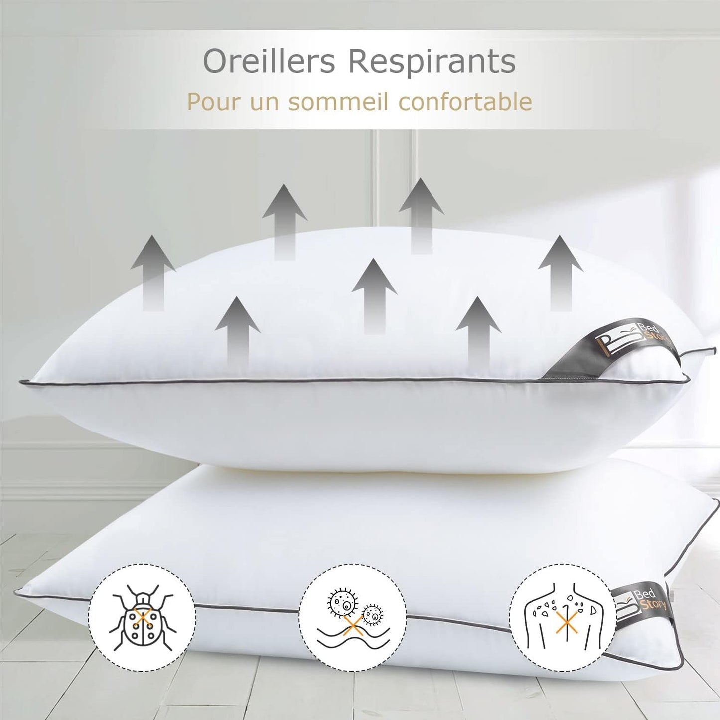 Bedstory-kussen, 50 x 70 cm, 2 stuks, bijtbestendig, zweetademend, hypoallergeen, vulling: 100% polyestervezel, ultracomfortabel en zacht comfort en uitstekende ondersteuning Naty Shop standaardkussens