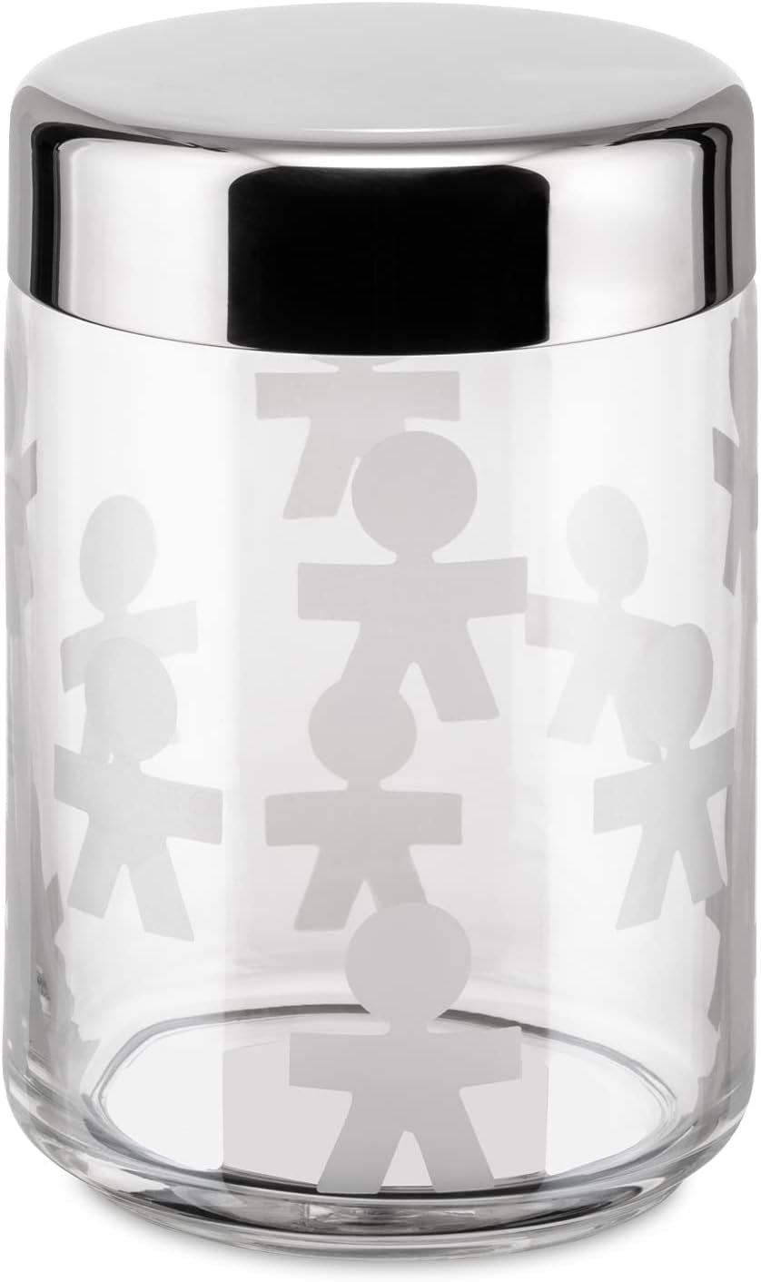 Alessi AKK37 GIROTONDO Imprint glazen keukenpot met verzegeld roestvrijstalen deksel, L 21,6 cm, H 10,5 cm Voedselbewaardozen Naty Shop B 21,6 cm, H 10,5 cm