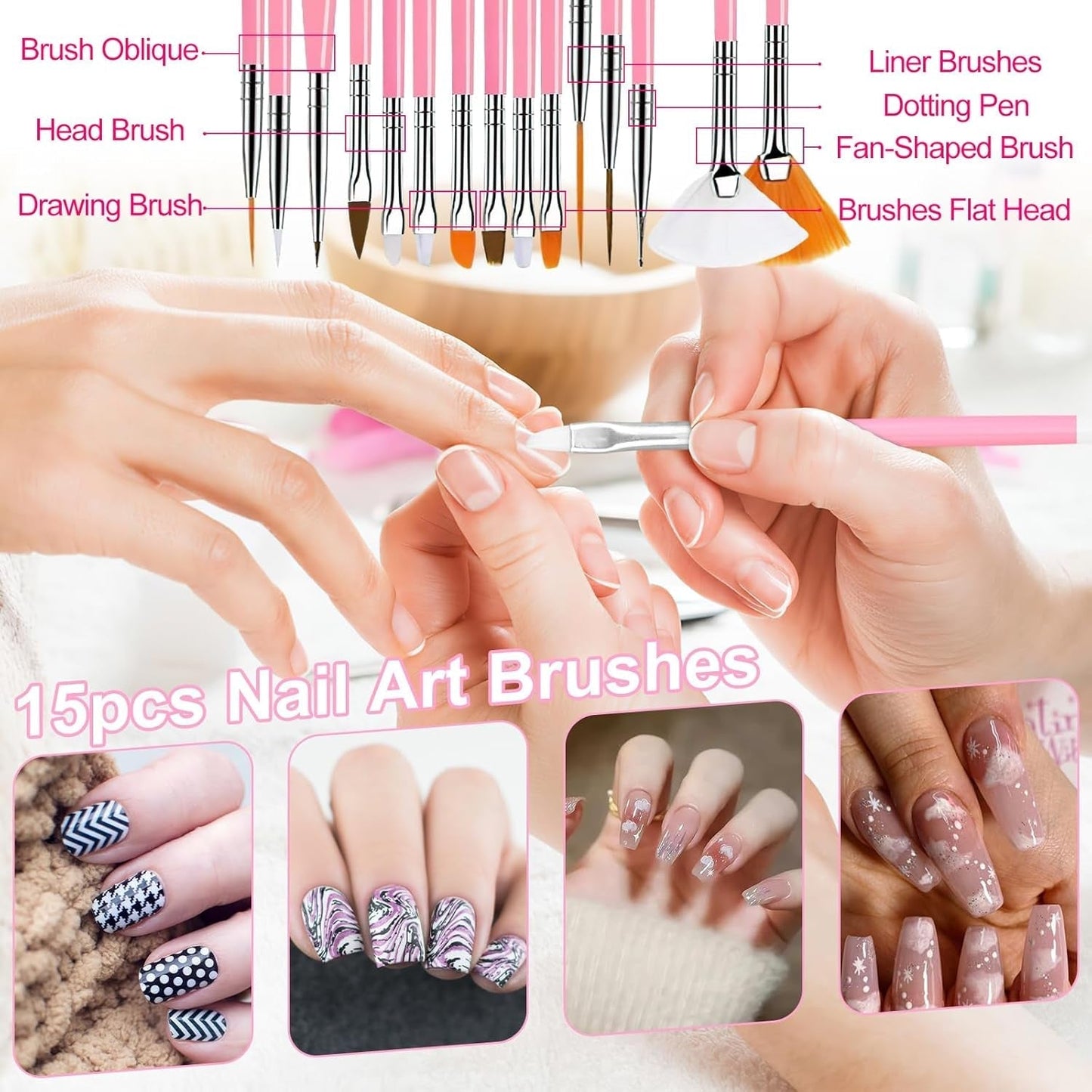 53 Blätter Nagelsticker, Nail Art Pinsel en decoratieset, 15 PCS Pinsel, 5 PCS Dotted Pennen, Strasssteine, Blattgold voor Nagelkunst, Nagel Pailletten, Nagelkunstwerkzeuge en decoratiesets