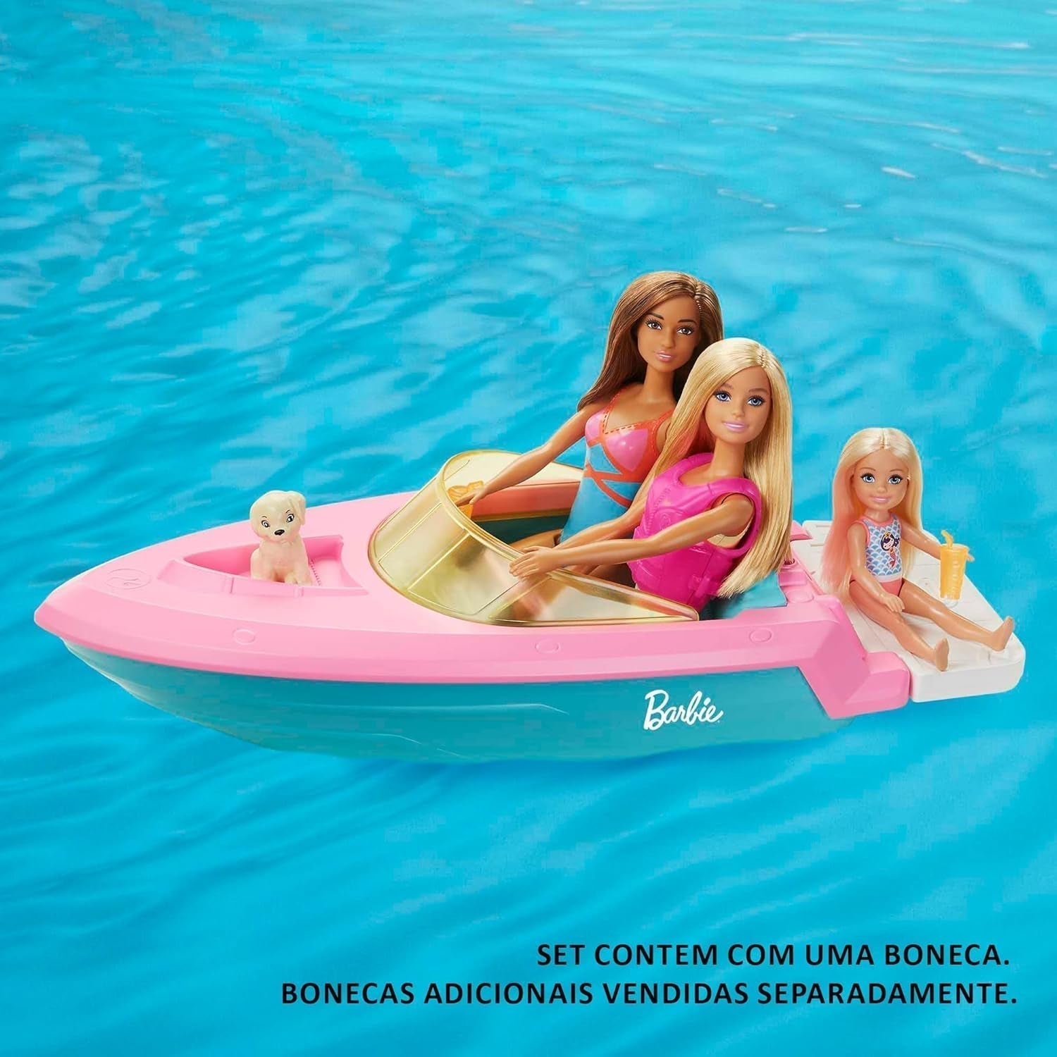 Barbie Speedbootset, Barbie-pop met blond haar, roze zwemvest, boot, puppy, accessoires, cadeaus voor 3+, Grg30 Naty Shop-poppen