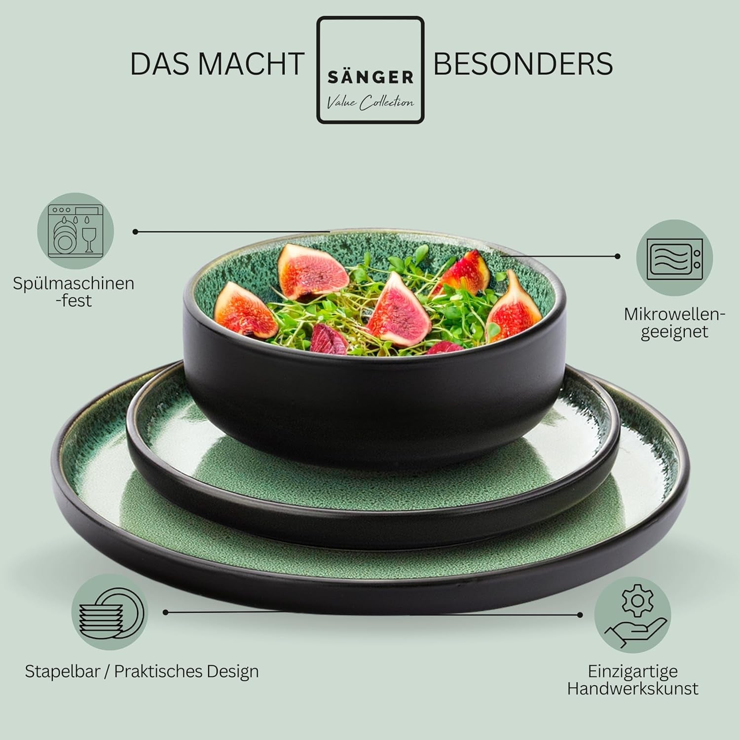 SÄNGER Greenwich | Serviesset van steengoed, 18-delig, bordenset voor 6 personen, serviesset (6 dinerborden, 6 dessertborden, 6 kommen), groen, krasbestendig, serviesgoed | DE WAARDE-COLLECTIE