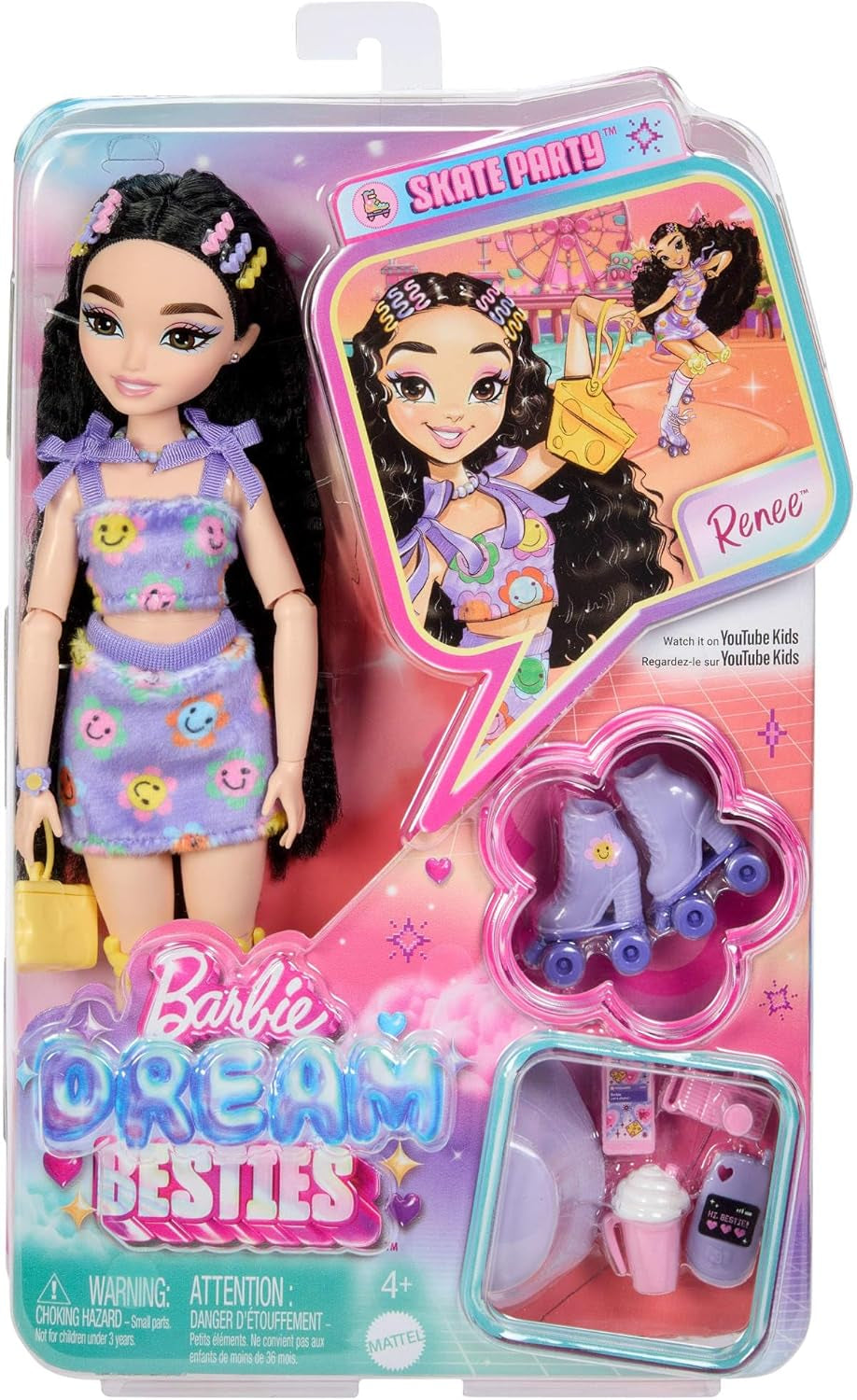 Dream Besties Barbie-pop en accessoires, Fashion Barbie Renee-pop met rolschaatsen en zwart haar, 12 thema-accessoires met video's en eten, JFX99