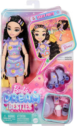 Dream Besties Barbie-pop en accessoires, Fashion Barbie Renee-pop met rolschaatsen en zwart haar, 12 thema-accessoires met video's en eten, JFX99