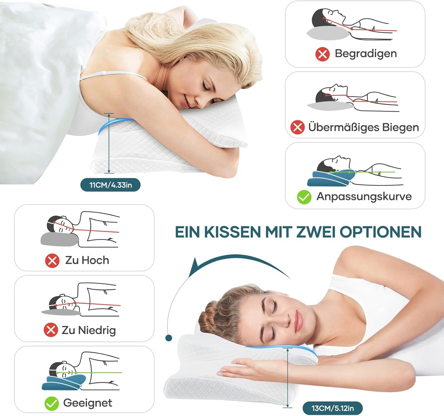 Nekkussen Hoofdkussen Orthopedisch kussen Memory Foam Kussen Ergonomisch hoofdkussen Neksteunkussen Anti-zijwaartse impactkussen voor zij-, rug- en buikslapers Witte cervicale orthopedische kussens Naty Shop