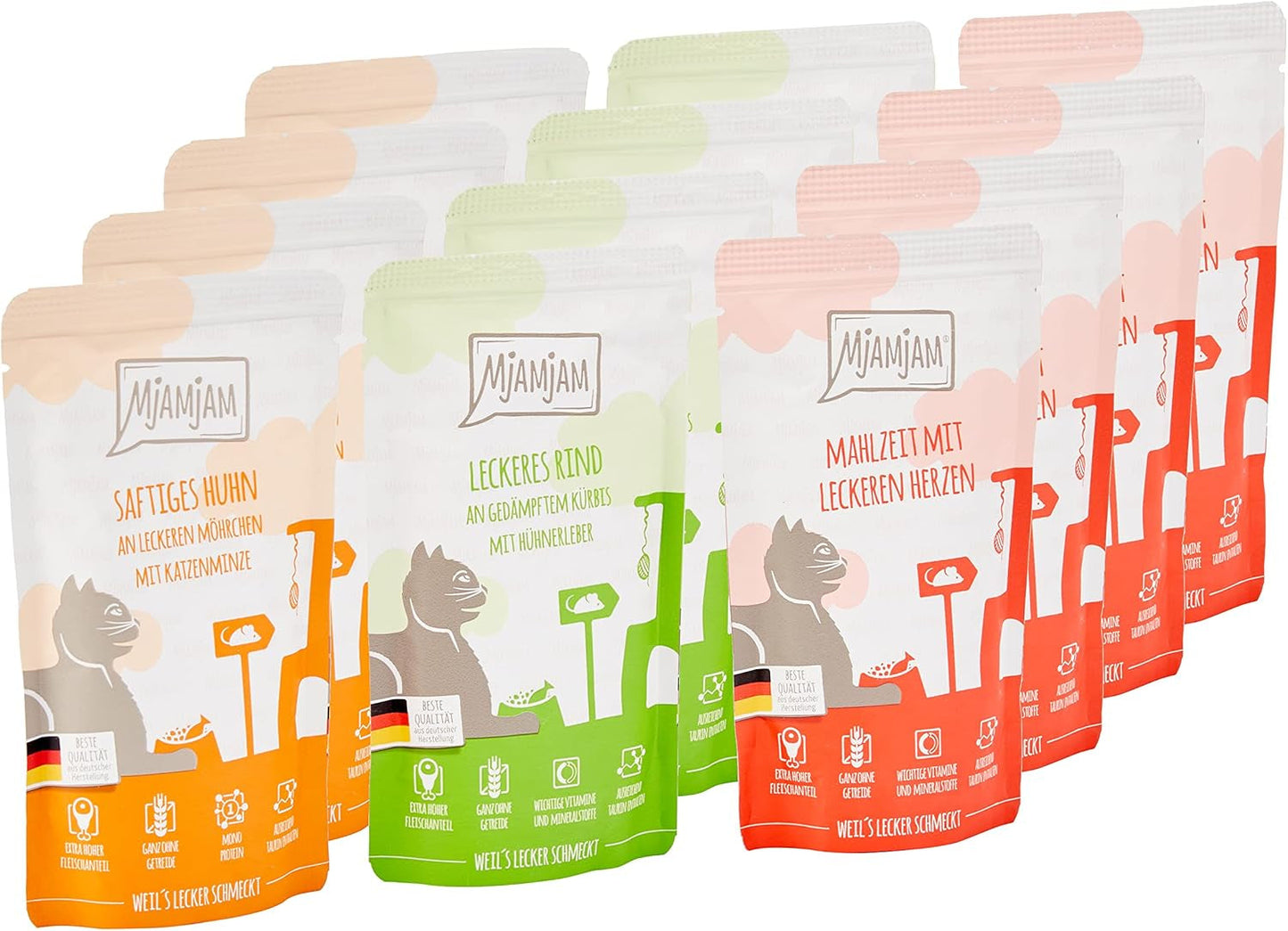 MjAMjAM - Premium natvoer voor katten - Gemengd pakket I - Kip, Rundvlees, Harten, 12 stuks (12 x 125 g), graanvrij met extra vlees
