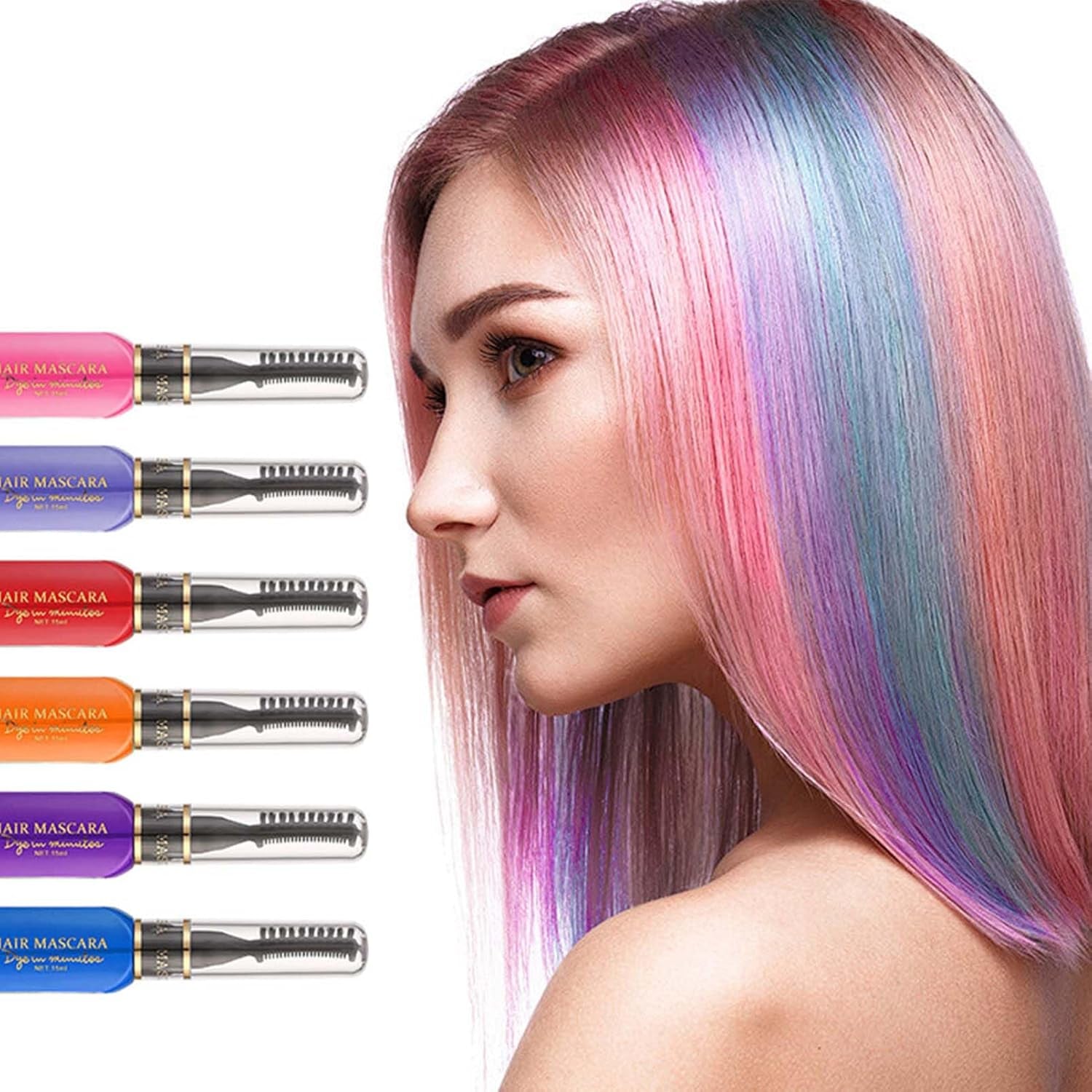 Instant haarverf 6 kleuren Tijdelijke haarmascara voor meisjes en vrouwen Wasbaar haarkrijt Regenboog haarmascara Haarverf voor carnaval Halloween Cosplay Feest Verjaardag (A) Naty Shop Haarverf