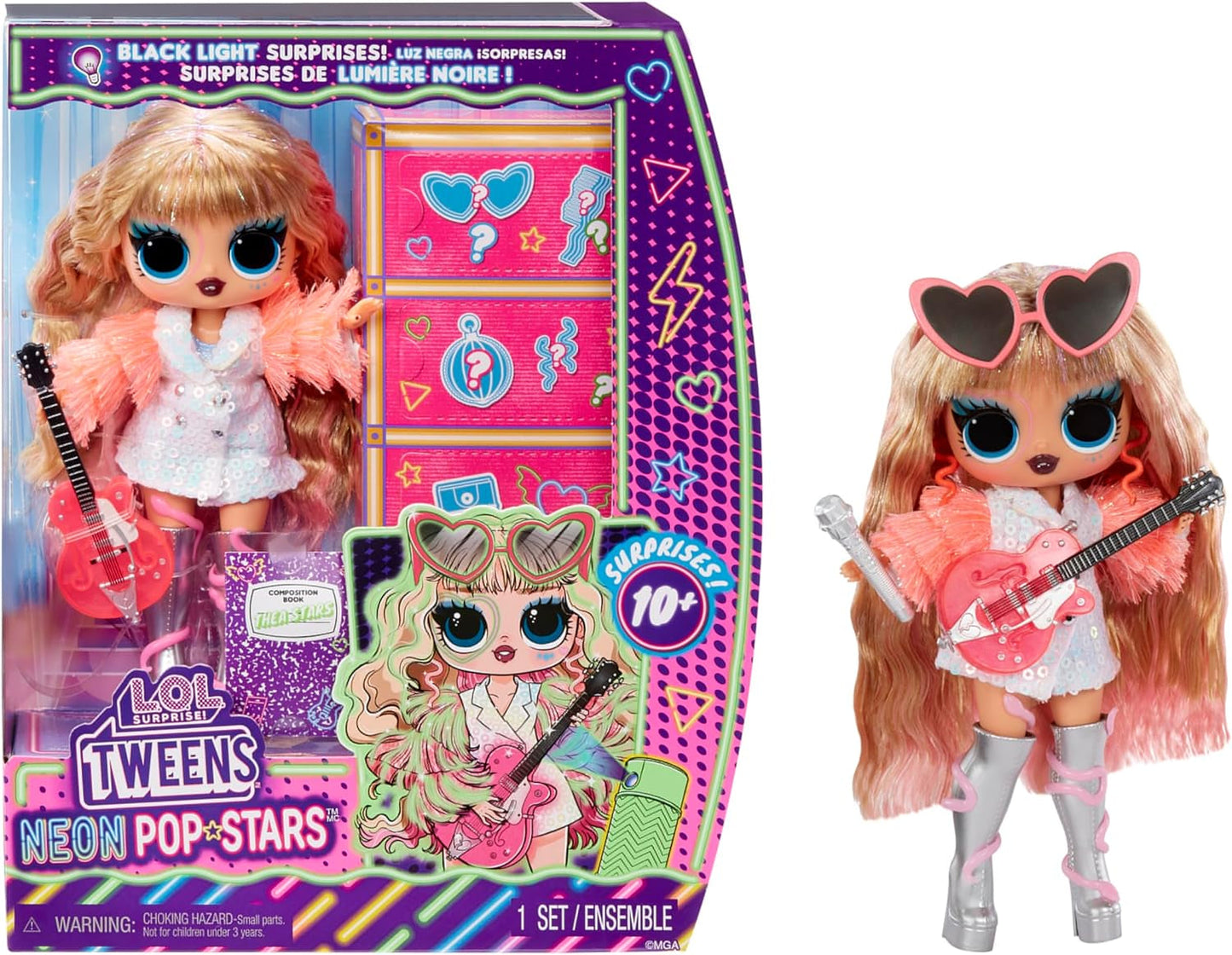 LOL Verrassing! Tweens Neon Pop Stars - Thea Stars - 1 modepop met verrassingen met achtergrondverlichting en meer dan 10 Pop Star-kleding en accessoires, waaronder haar felroze gitaar, cadeau voor kinderen vanaf 4 jaar