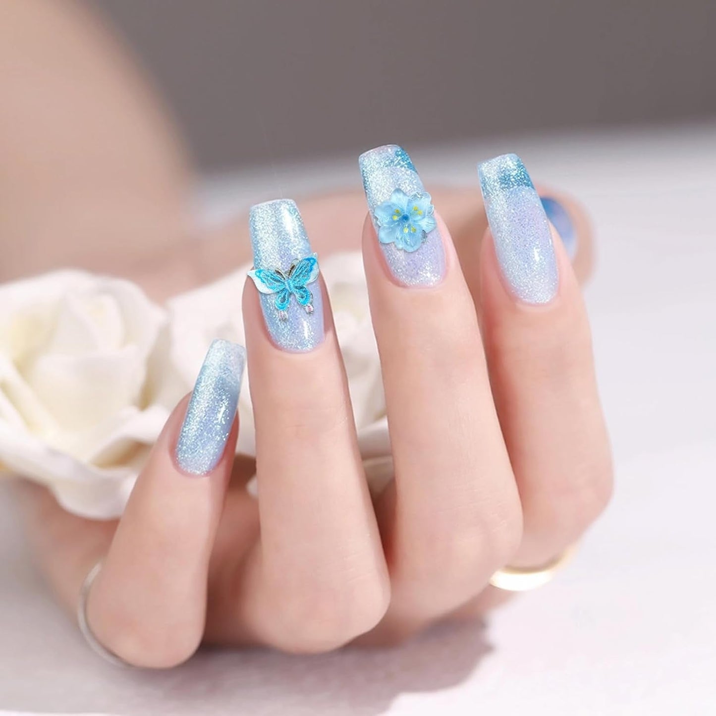 YICH Nail Charms Nägel Charms 50Stuks 3D Bloemen + 50Stuks 3D Schmetterling, Zomer Nägel Deko Set Schmetterling/Bloemen Nail Art Nailart