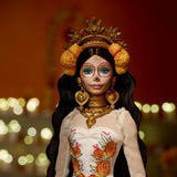 Barbie Signature Day of the Dead 2025 verzamelfiguur in crèmekleurige jurk met ruches, goudsbloemen en strikken, bloemenkroon in haar en Calavera-schmink, JBJ05