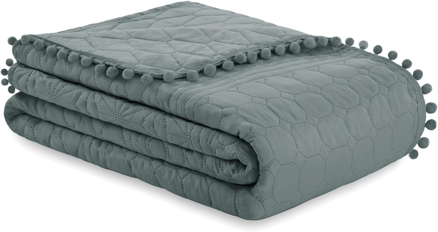 Ameliahome Sprei met pompons 220X240 Cm Dubbelzijdige sprei Ultrasoon Quilten Polyester Meadore Grijs Bedden en Dekens Besuche den AmeliaHome-Store