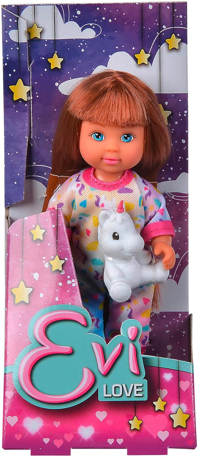Simba Evi Love pyjama, 3 verschillende kleuren, slechts één item verzonden, pop in schattige pyjama met eenhoorn knuffel, speelpop 12 cm, vanaf 3 jaar