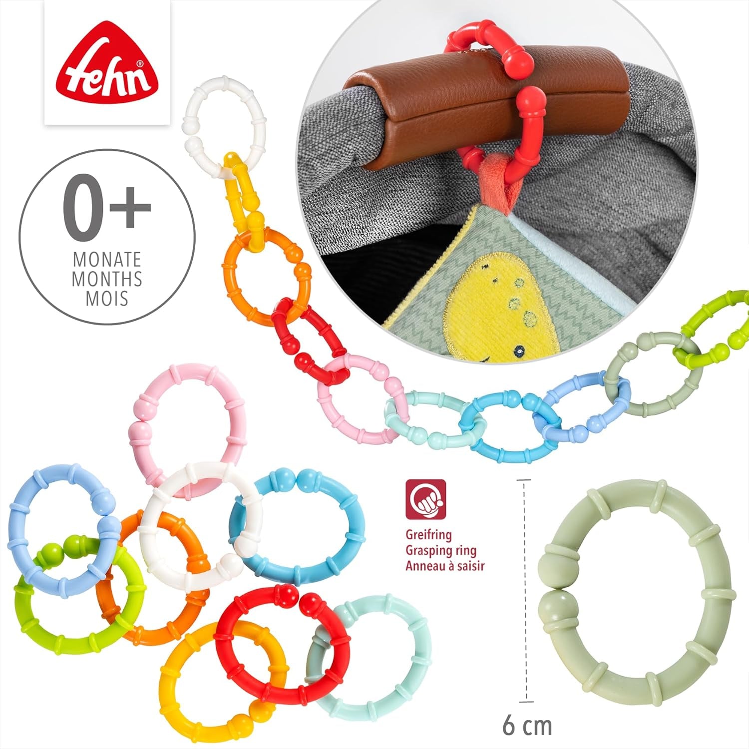 Fehn 10 set bevestigingsringen - bevestigingshaken voor babyautostoel, box en wieg - kinderwagenketting bevestigingsringen voor thuis en onderweg - C-ringen voor baby's en peuters vanaf 0+ maanden Speelgoed Bebe Naty Shop