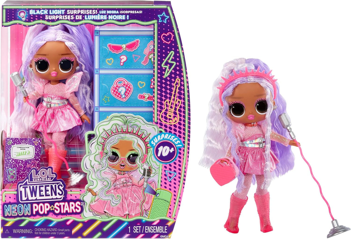 LOL. Verrassing! Tweens Neon Pop Stars - Kitty K - 1 modepop met verrassingen met achtergrondverlichting en 10+ Pop Star-outfits en accessoires, inclusief retro microbandjes, cadeau voor kinderen 4+ Naty Shop Kitty K-poppen