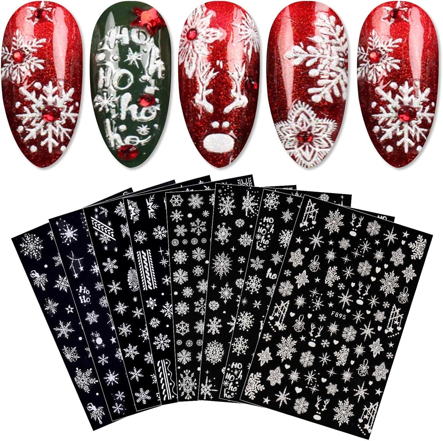 JMEOWIO Nagelsticker Weihnachten Weiß Glitter 8 Blatt Nail Art Sticker Selbstklebend Nagelaufkleber Schneeflocke Winter Holiday Decoratie Nageldesign Zubehör