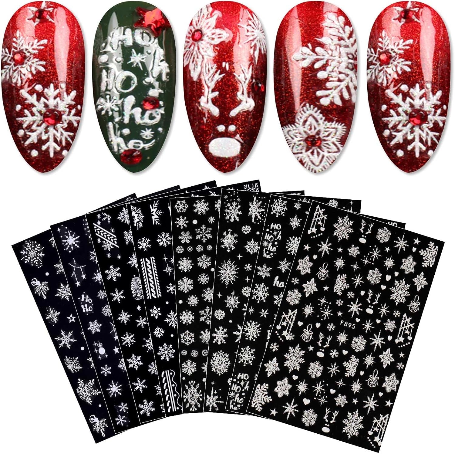 JMEOWIO Nagelsticker Weihnachten Weiß Glitter 8 Blatt Nail Art Sticker Selbstklebend Nagelaufkleber Schneeflocke Winter Holiday Decoratie Nageldesign Zubehör
