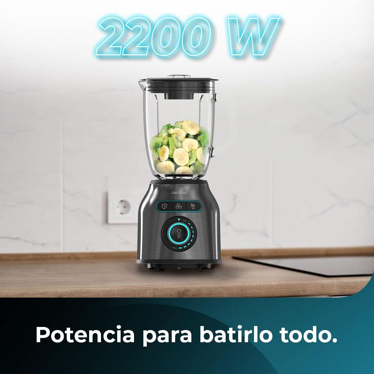 Cecotec Standmixer Power Zwart Titanium 2200MAX Smooth, 2200 W Maximale Leistung, 6 Klingen Aus Edelstahl, Ice-Crush-Funktion, Turbo- en Smoothie-Funktion, Autoclean-Funktion Kitchen Naty Shop