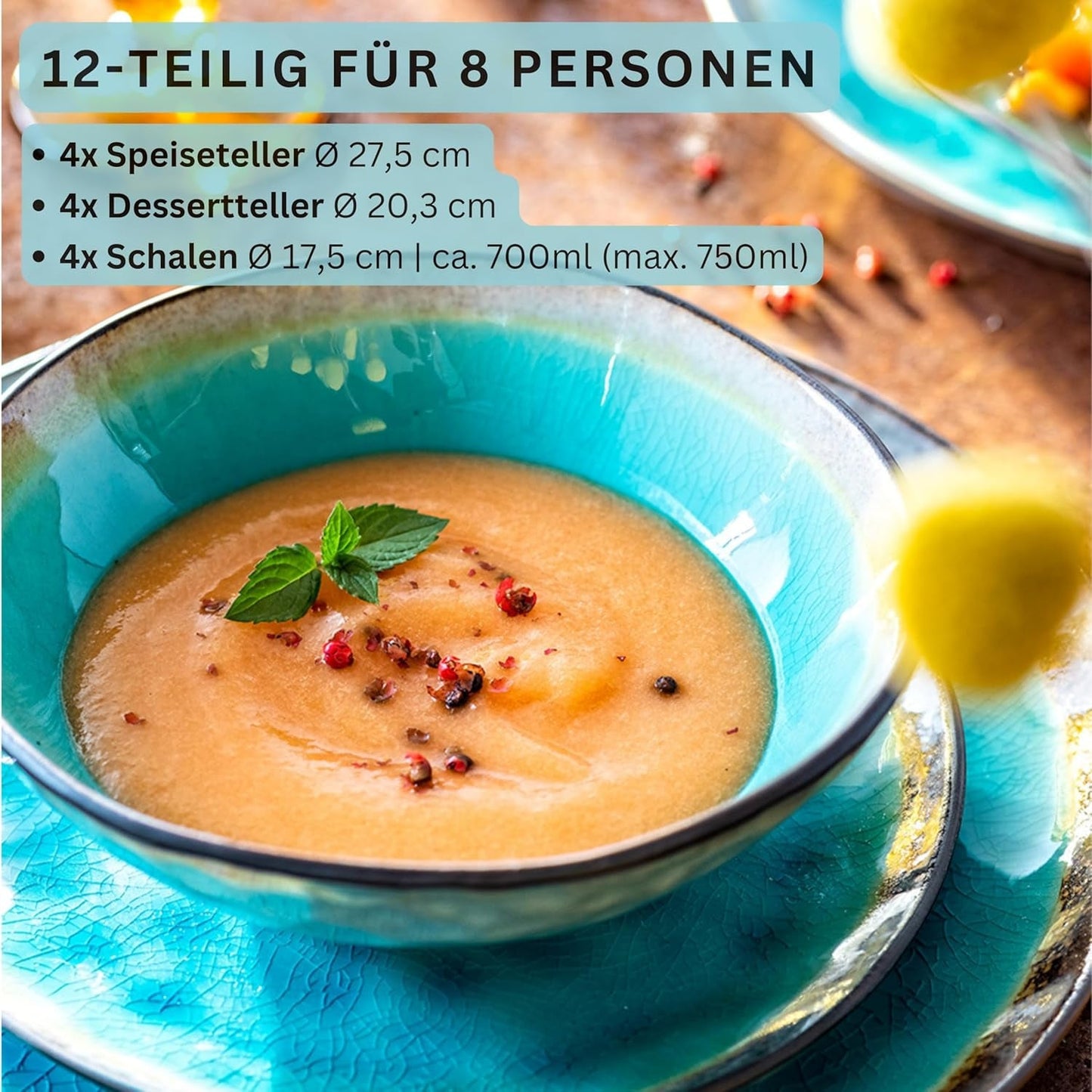 ZANGER | Capri Servies 12-delig Serviesset 4 Persoons Steengoed Servies Inclusief Dinerborden, Dessertborden en Suma Borden Handgemaakt Turquoise Serviesgoed met Grijze Rand | DE PREMIUM COLLECTIE