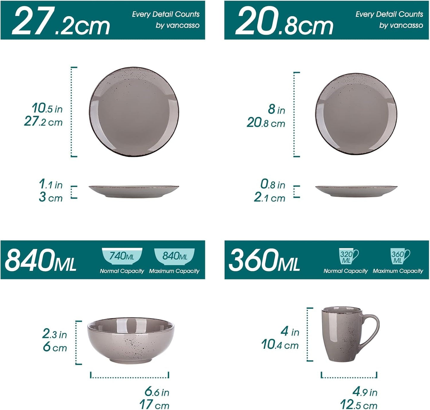 Vancasso 12-persoons serviesset Navia steengoed serviesset 48-delige combinatieset met borden slaborden kommen en kopjes vintage look natuurlijk design