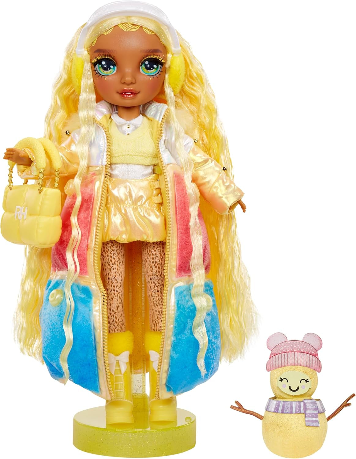 Rainbow High Winter Wonderland - Sunny (geel) - 28 cm verborgen magische wateropblazende sneeuwpop modepop met sneeuwpopset, geschikt voor 4-12 jaar oude kinderen en verzamelaars