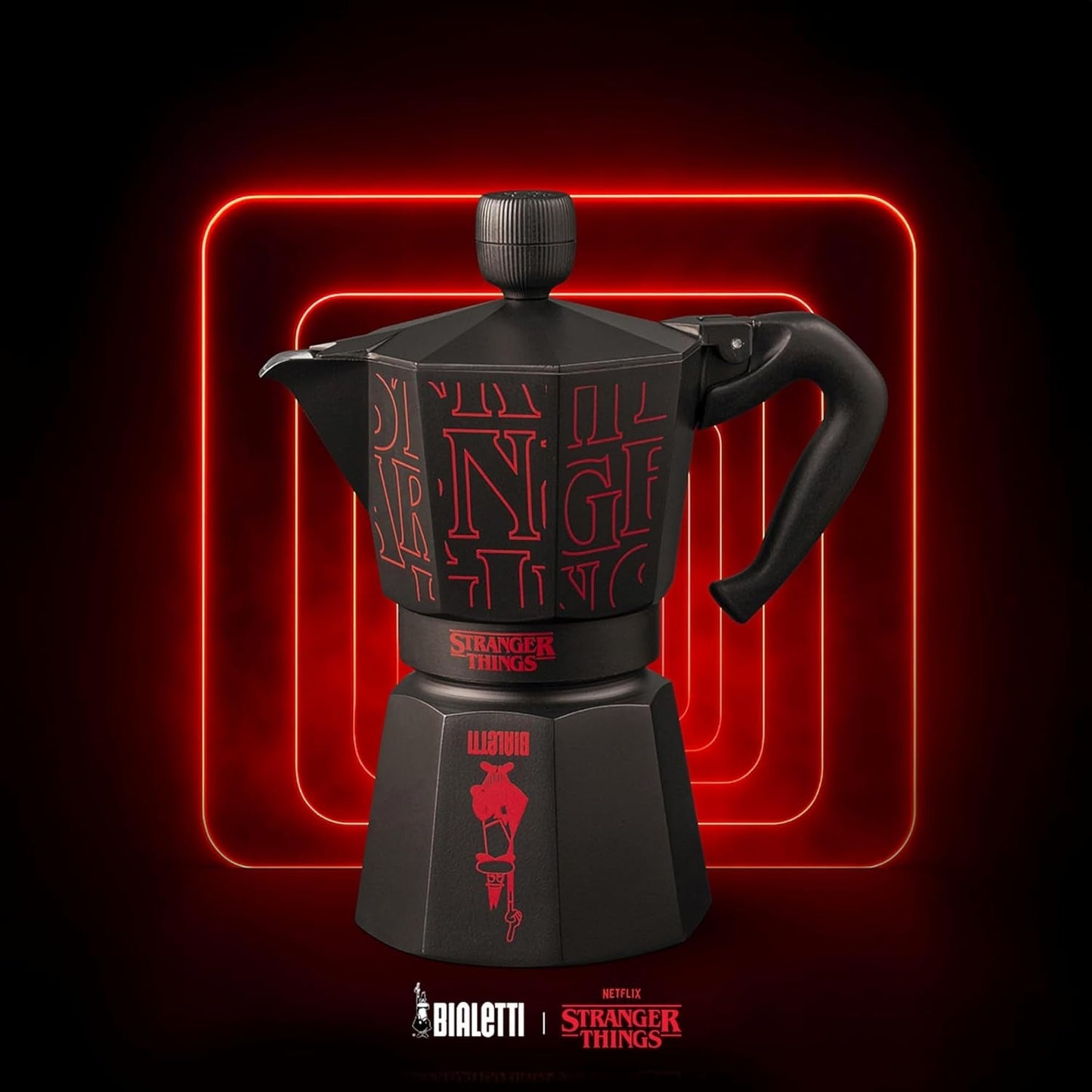 Bialetti Moka Express Stranger Things 6-kops koffiezetapparaat, muziekknop met USB-C oplaadfunctie, niet geschikt voor inductiekookplaten, 6 kopjes (270 ml), zwart