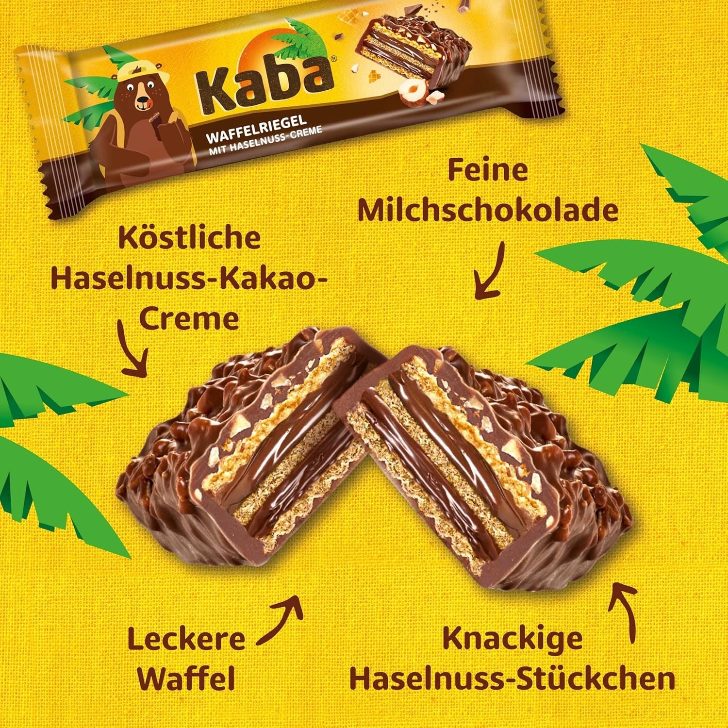 Kaba Napolitaanse repen 40g, 4 knapperige repen gevuld met wafels en fijne hazelnootcrème, in een multipack met originele Kaba-smaak