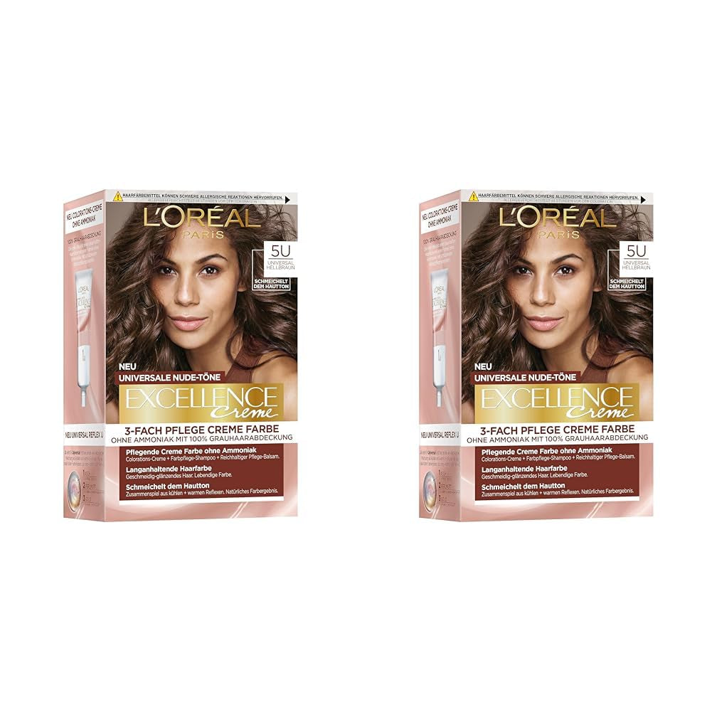 L'Oréal Paris Permanente haarverf voor elke huidtint, kleuring zonder ammoniak, universele nudetinten met volledige dekking van grijs haar, Excellence Creme, nr. 5U licht kastanje (bruin), 1 stuk Naty Shop haarverf 5U 192 G (pak van 2)