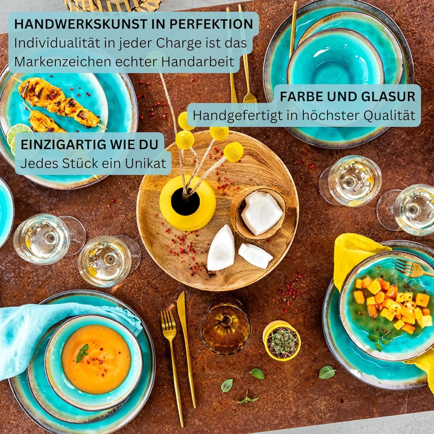 ZANGER | Capri Servies 12-delig Serviesset 4 Persoons Steengoed Servies Inclusief Dinerborden, Dessertborden en Suma Borden Handgemaakt Turquoise Serviesgoed met Grijze Rand | DE PREMIUM COLLECTIE