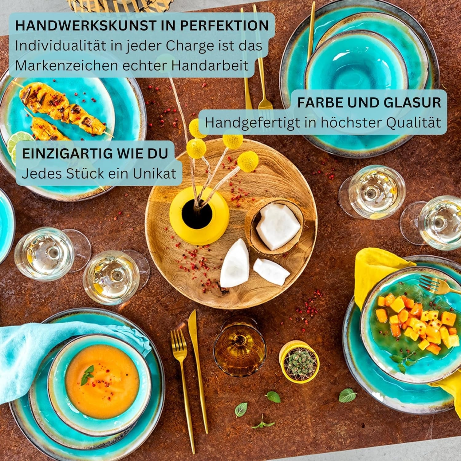 ZANGER | Capri Servies 12-delig Serviesset 4 Persoons Steengoed Servies Inclusief Dinerborden, Dessertborden en Suma Borden Handgemaakt Turquoise Serviesgoed met Grijze Rand | DE PREMIUM COLLECTIE
