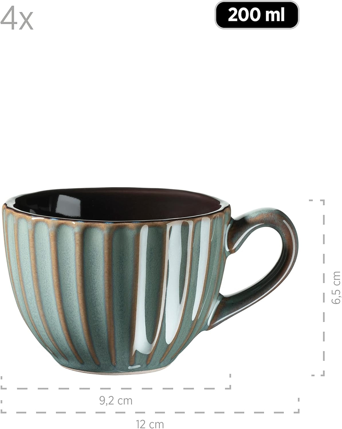 MÄSER 931966 Confino-serie servies voor 4 personen, moderne vintage look, keramische ontbijtset, 12-delig, petroleumkleur met zwarte accenten, steengoed