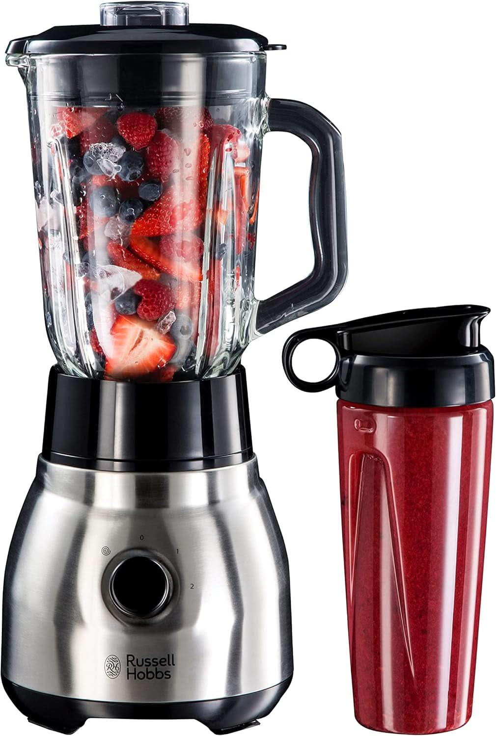 Russell Hobbs Standmixer 2-In-1 [1,5L Glasbehälter Mixer & 0,6L Mini Smoothie Maker -To-Go-Trinkflasche Inkl. Deckel] Spülmaschinenfest, Impuls-/Ice-Crush-functie, Becher BPA Frei, Edelstahl 23821-56 Keuken Naty Shop