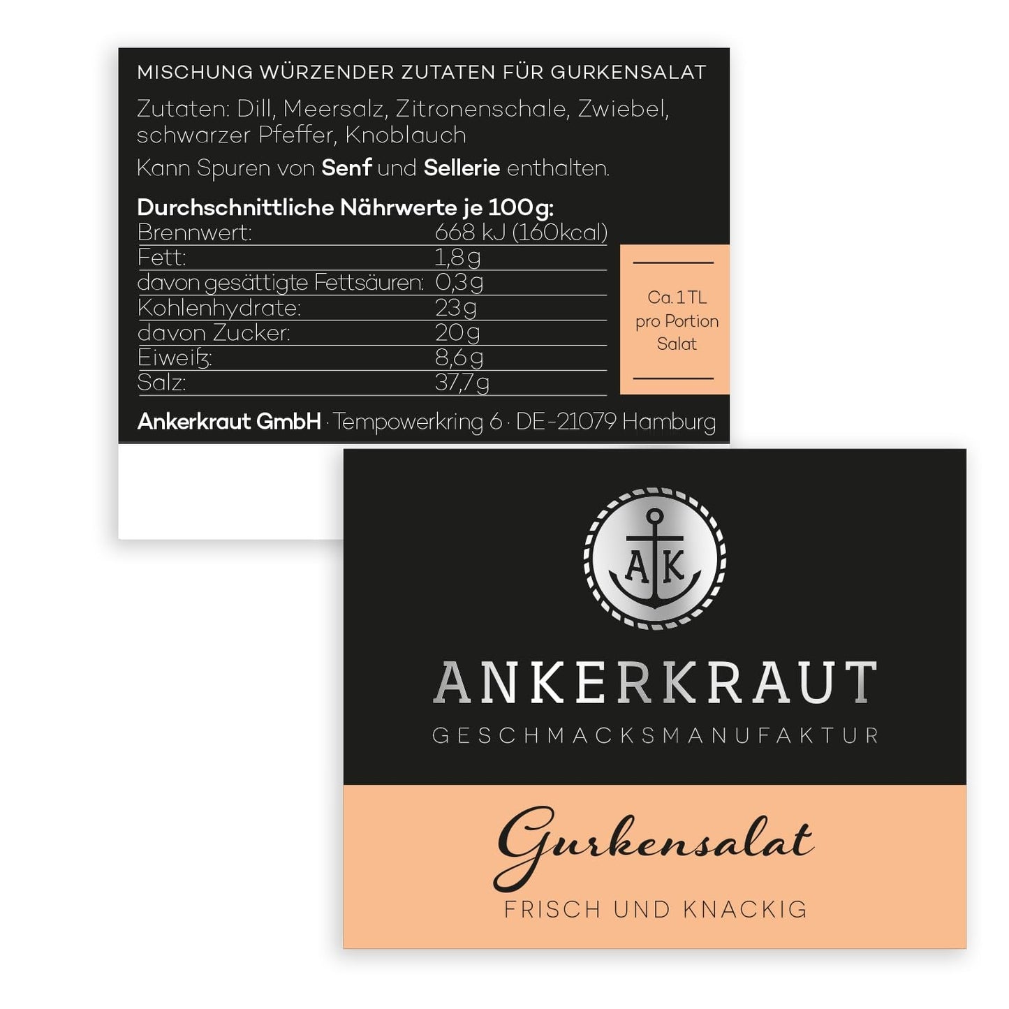 Ankerkraut Gurkensalat, 60 g in een kurkglas, Würze Gherken-Salat Ganz Einfach, Zuckerfrei und Ohne Gesmackverstärker, Mischung würzender Ingredient für Salat