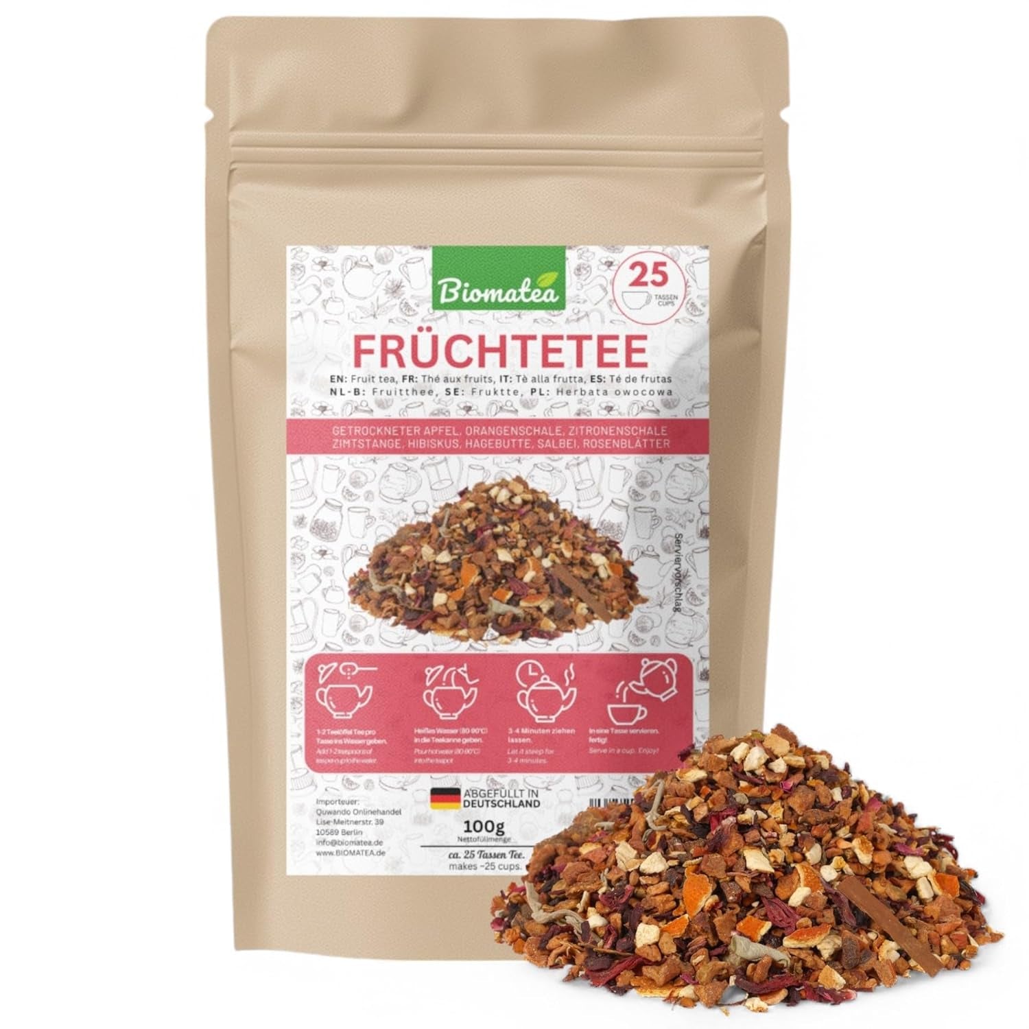 Vruchtenthee – 100 g Gearomatiseerde fruitmix met appel, hibiscus en kaneel – Ritssluitingszakje, ca. 25 kopjes – zonder toevoegingen, verpakt in Duitsland