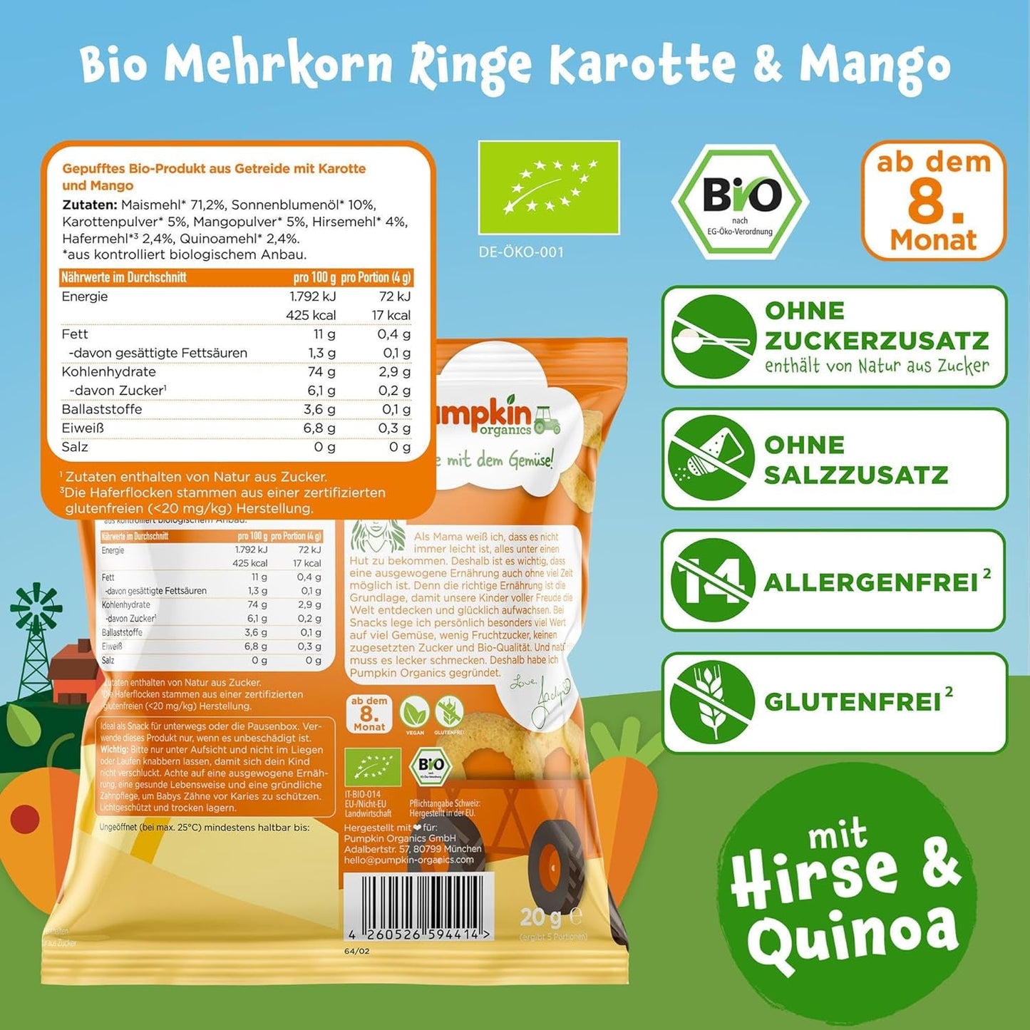 Pumpkin Organics Baby Meergranen Wortel- en Mangoringen (8 stuks) Babysnacks zonder additieven vanaf 12 maanden - Allergeenvrij² en glutenvrij³ Krokante babysnacks (8 x 20 g)