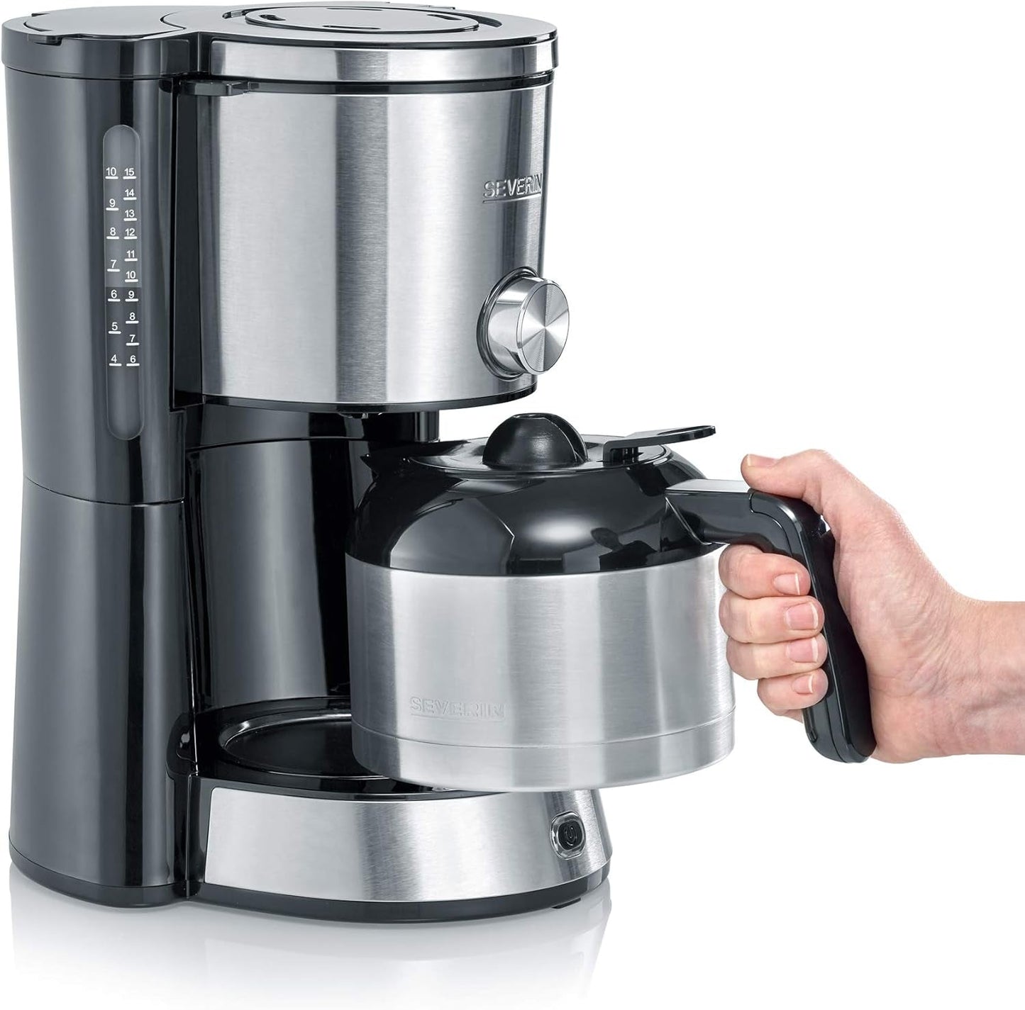SEVERIN "TypeSwitch" espressomachine met thermische karaf, AromaSwitch voor keuze tussen 2 zetprofielen, koffiezetapparaat voor maximaal 10 kopjes, 1000W, geborsteld roestvrij staal-zwart, KA 4845