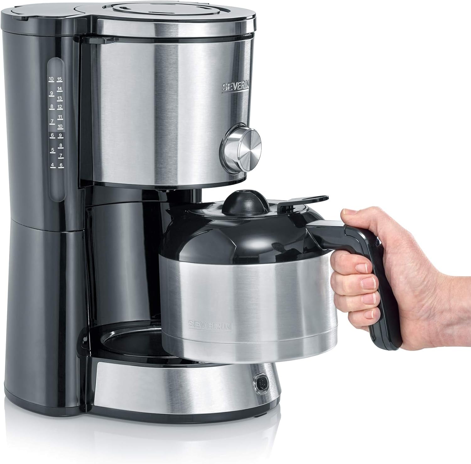 SEVERIN "TypeSwitch" espressomachine met thermische karaf, AromaSwitch voor keuze tussen 2 zetprofielen, koffiezetapparaat voor maximaal 10 kopjes, 1000W, geborsteld roestvrij staal-zwart, KA 4845