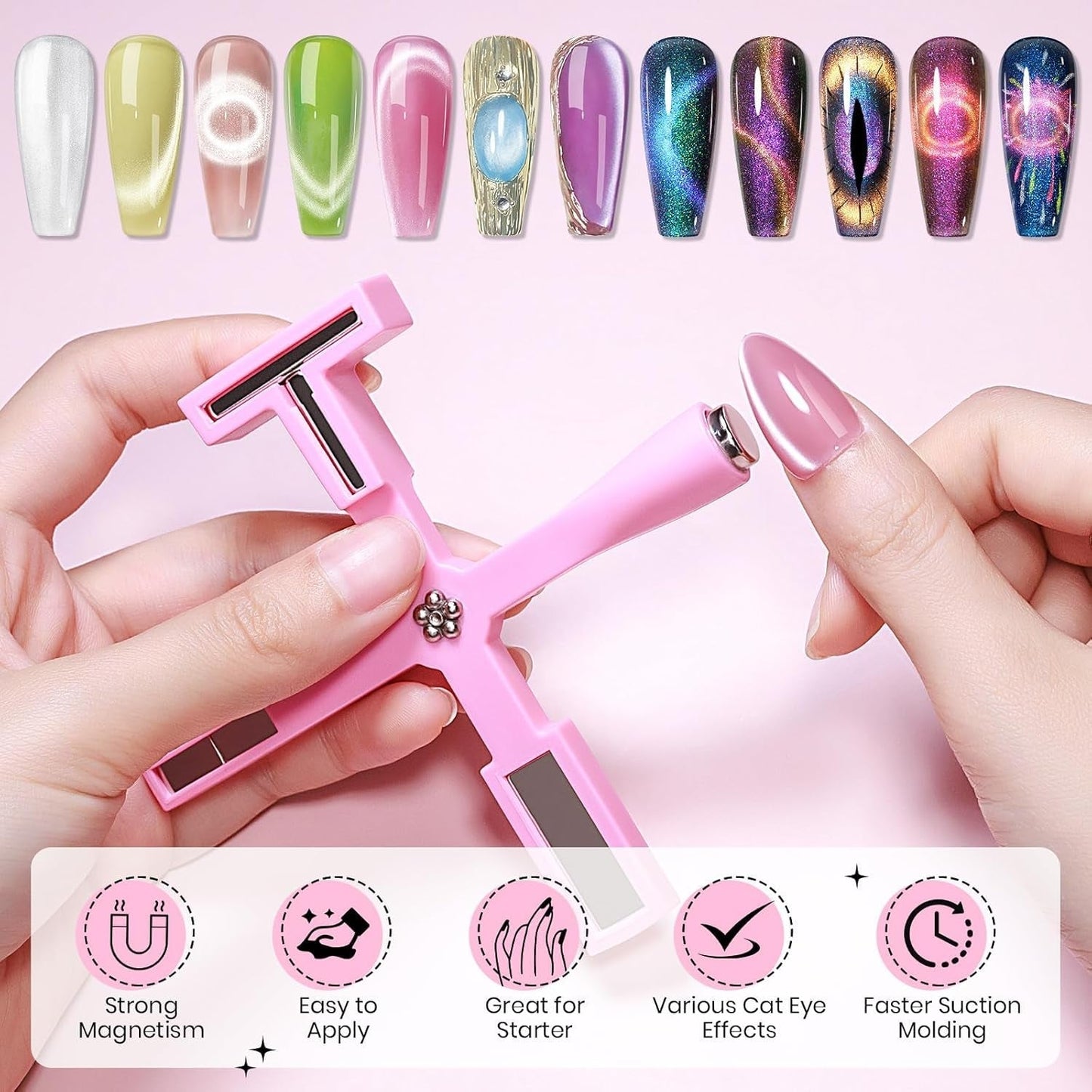 SUPWEE 5 in 1 nagelmagneetgereedschap, roze Cat Eye-magneet voor nagelmultifuncties Magnetstift DIY Magic 3D-magneetstick-pennenset Nail Art-magneetstick voor nagelkunst doe-het-zelf