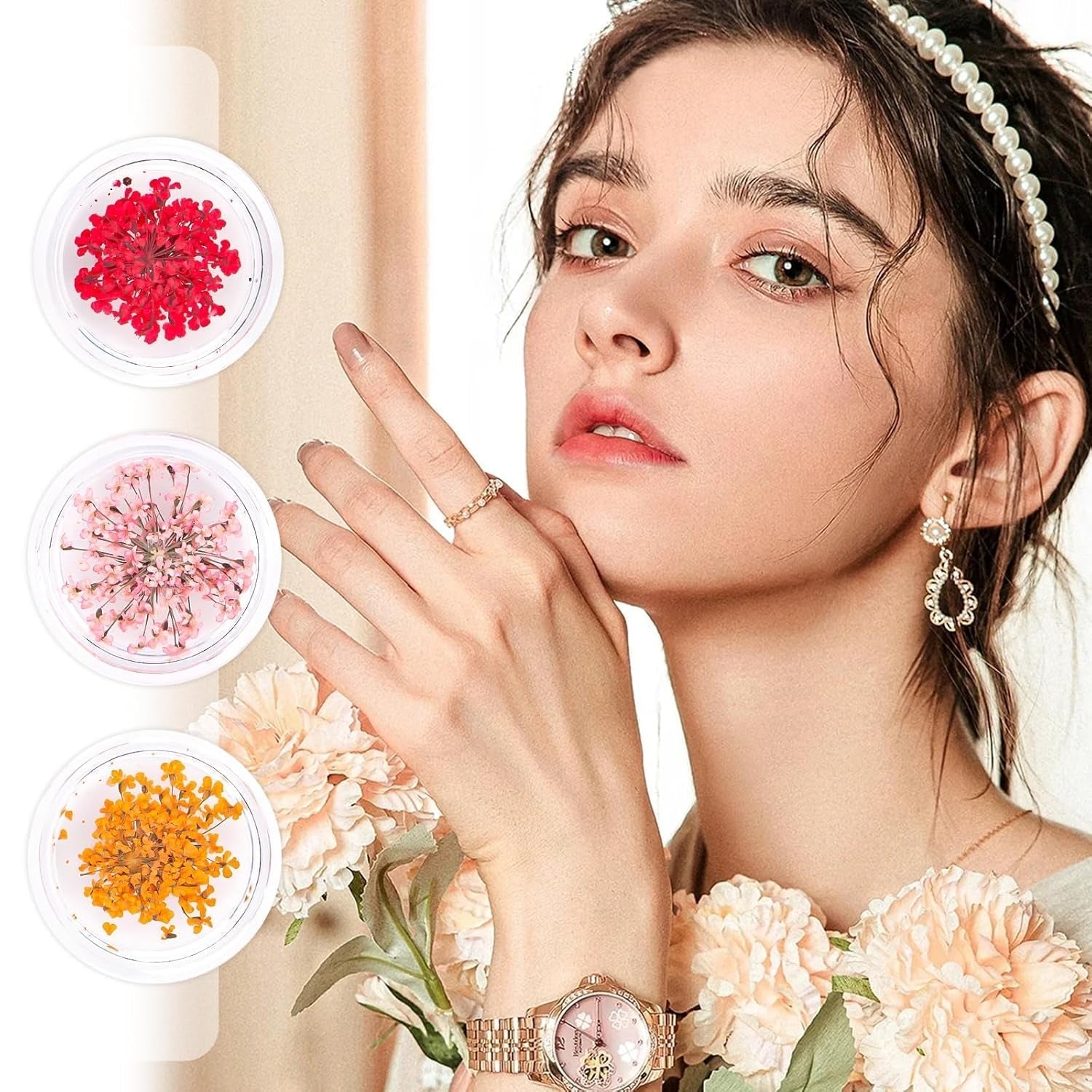 Nail Art Bloemen Set Decoratie - Gelnagels 3 kleuren (Oranje, Blassrosa, Roos), Nail Art Aufkleber Trockene Blumen Kit Getrocknete Blumen Zubehör Set DIY Nageldecoratie
