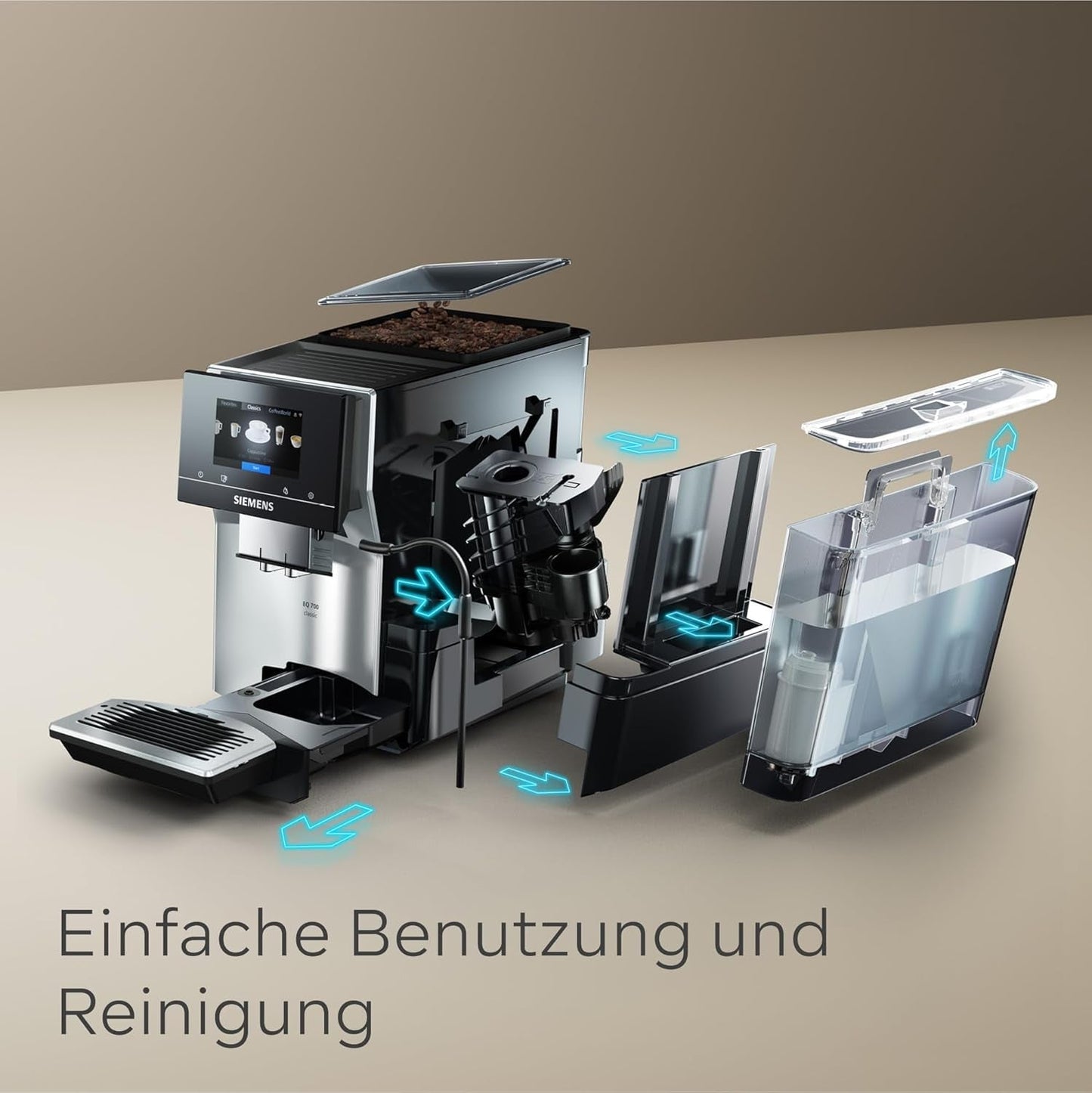 Automatische espressomachine Siemens EQ700 classic TP715D01, app-bediening, cold brew, intuïtief touchdisplay, tot 10 individuele koffiecreaties als favoriet, automatische stoomreiniging, 1500 W, zilvergrijs