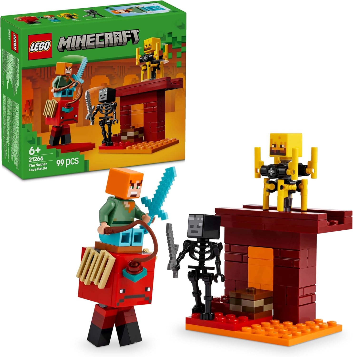 LEGO Minecraft Lava Duel of the Deep, speelgoed voor videogamefans, fort met minifiguren, waaronder Alex, Skeleton Wither, Lohe en Strider, cadeau voor meisjes en jongens van 6 jaar oud 21266 Bouwsets