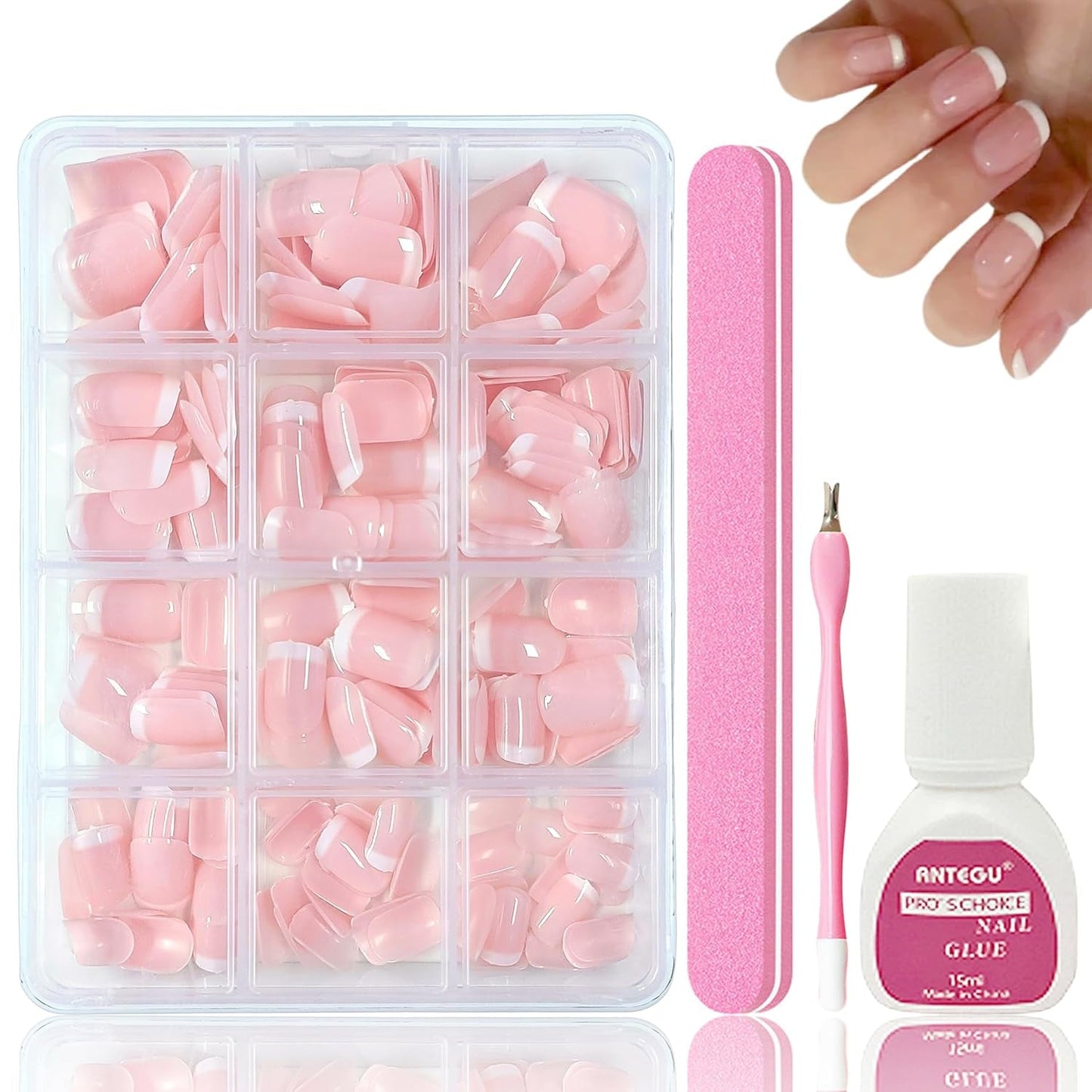 240 Set korte Franse valse nagels, vierkante kunstnagels, lijm op nagels, acryl nageltips, valse nagels voor vrouwen, DIY Nail Art