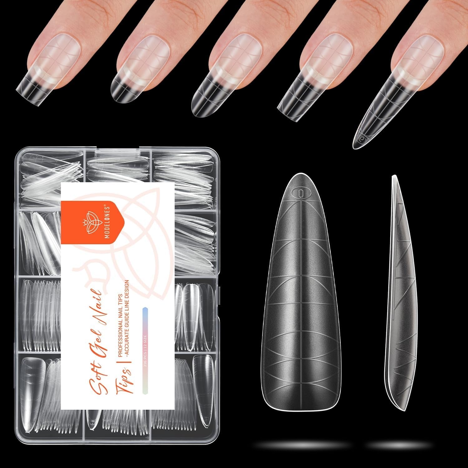 Modelones nageltips 216 stuks - volledige dekking nageltips set, zachte gel tips set, pre-polijsten PMMA hars nageltips, doe-het-zelf lijm op nail art kunstnagels, korte amandelen XS