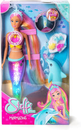 Simba Steffi Love Mermaiserende zeemeerminpop met regenbooglichtfunctie, extra lang haar, dolfijnfiguur en haarclips, 39 cm hoog, Try-Me-functie, vanaf 3 jaar