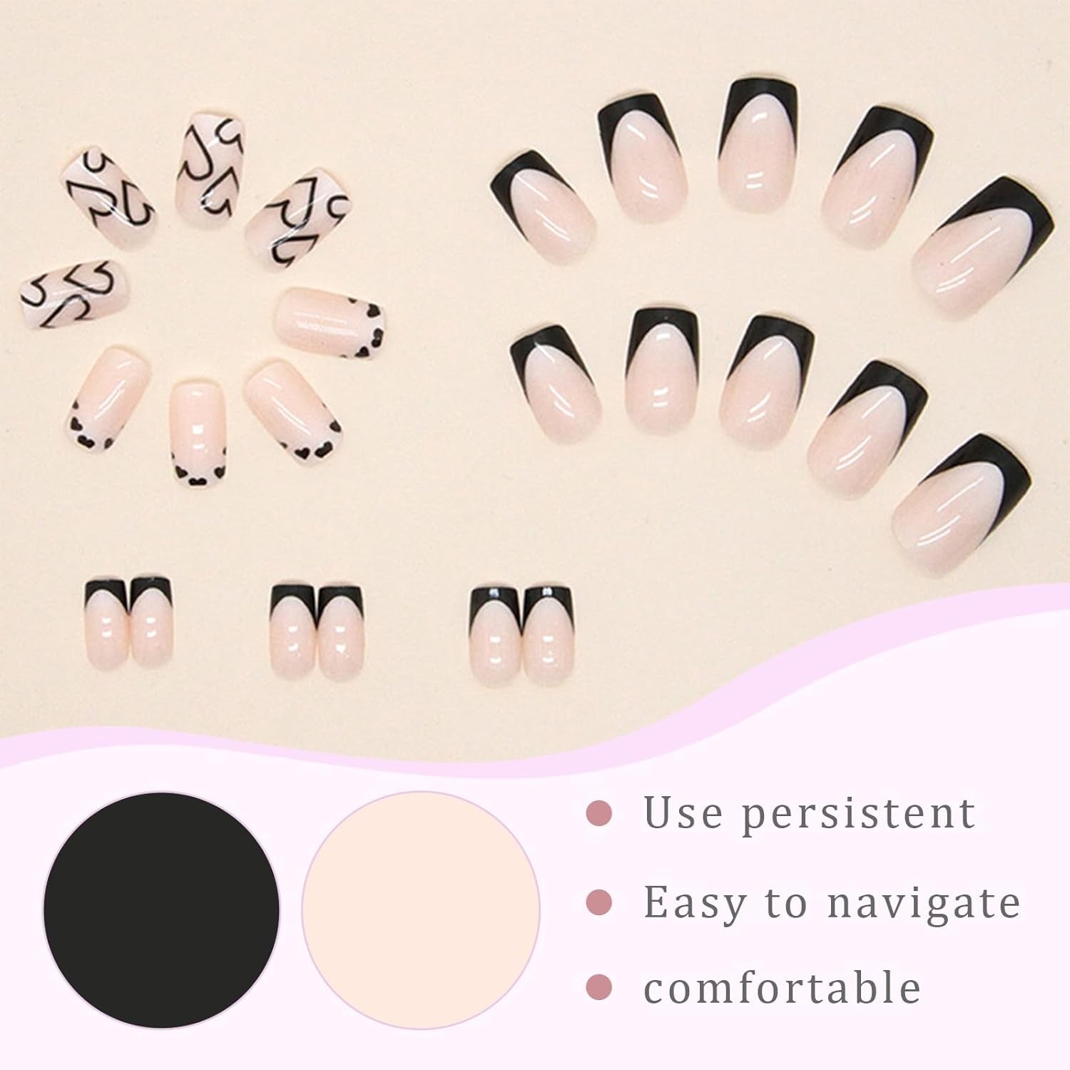 24 stuks korte vierkante Franse tip kunstnagels wit hart ontwerp zwarte acrylnagels volledige dekking