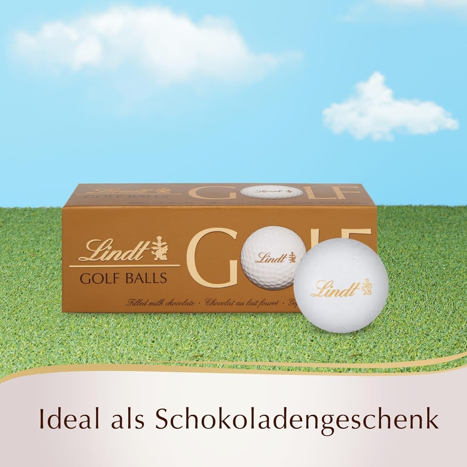 Lindt Schokolade - Golfballen | 110 G| Drei Golfbal Aus Lindt Vollmilch-Schokolade Met Nougatcremefüllung en Waffelstückchen | Pralinnengeschenk | Cadeau voor golfer | Schokoladengeschenk Naty Shop