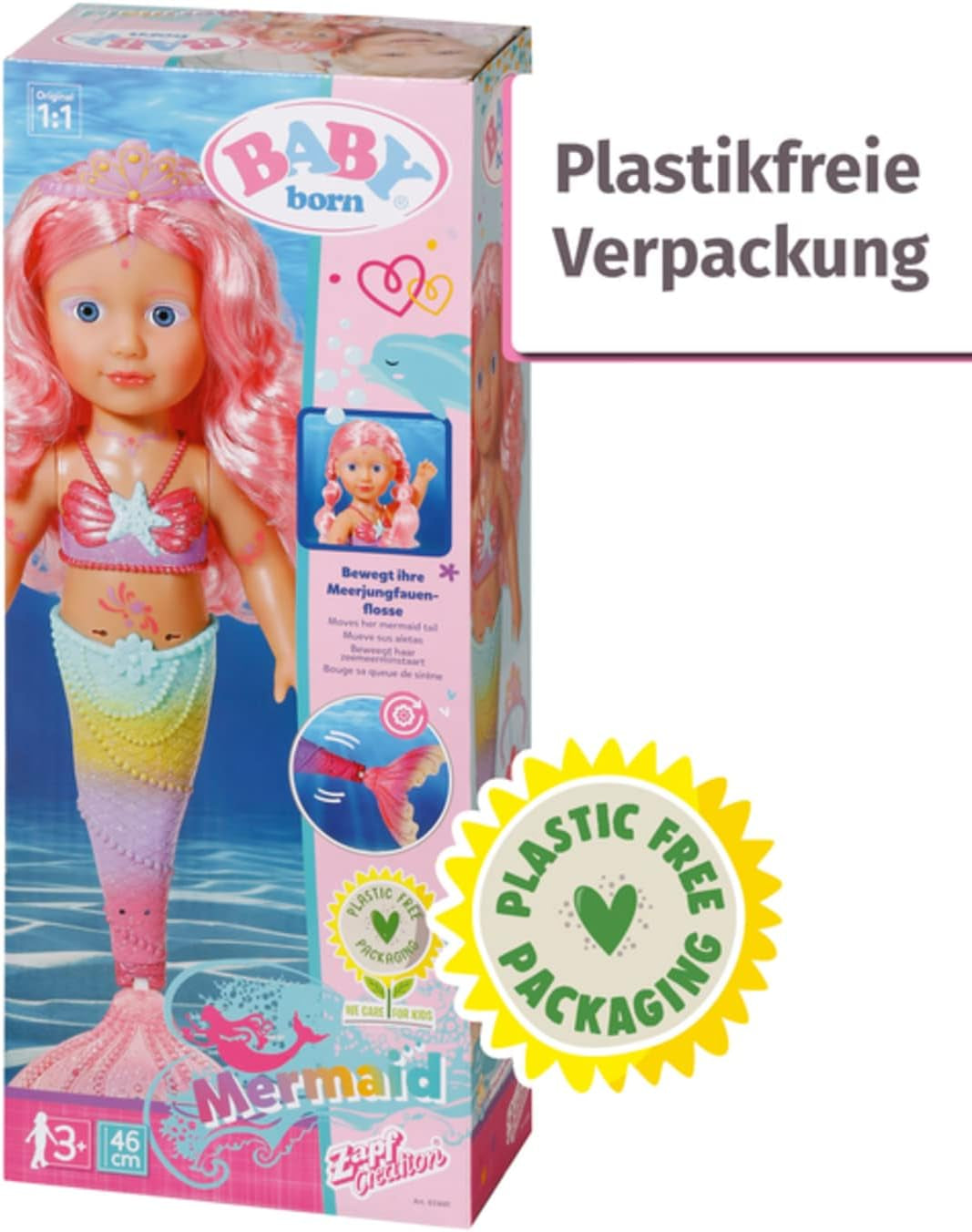 BABY Born Little Sister Zeemeermin 46 cm Waterdichte zeemeerminpop met lang haar en beweegbare glittervin, incl. tiara en kam, 833681 Zapf Creation Dolls Naty Shop