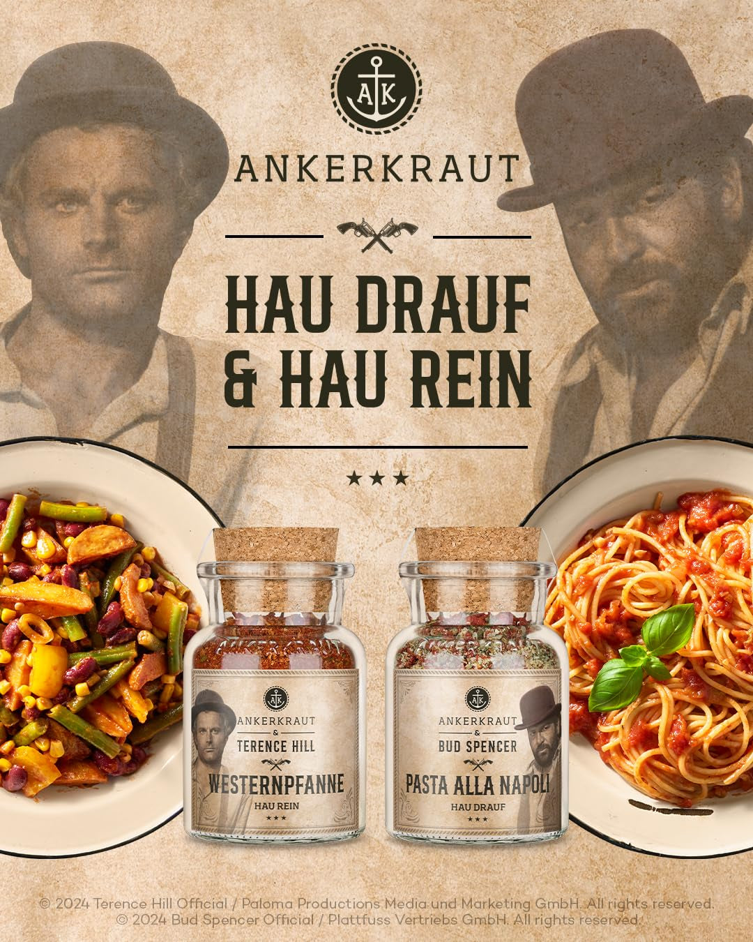 Ankerkraut Bud Spencer & Terence Hill Bagaluten Gewürz-Box, met Westernpfanne en Pasta alla Napoli, Geschenkset, lecker kochen, 195 g Gewürze Inhalt