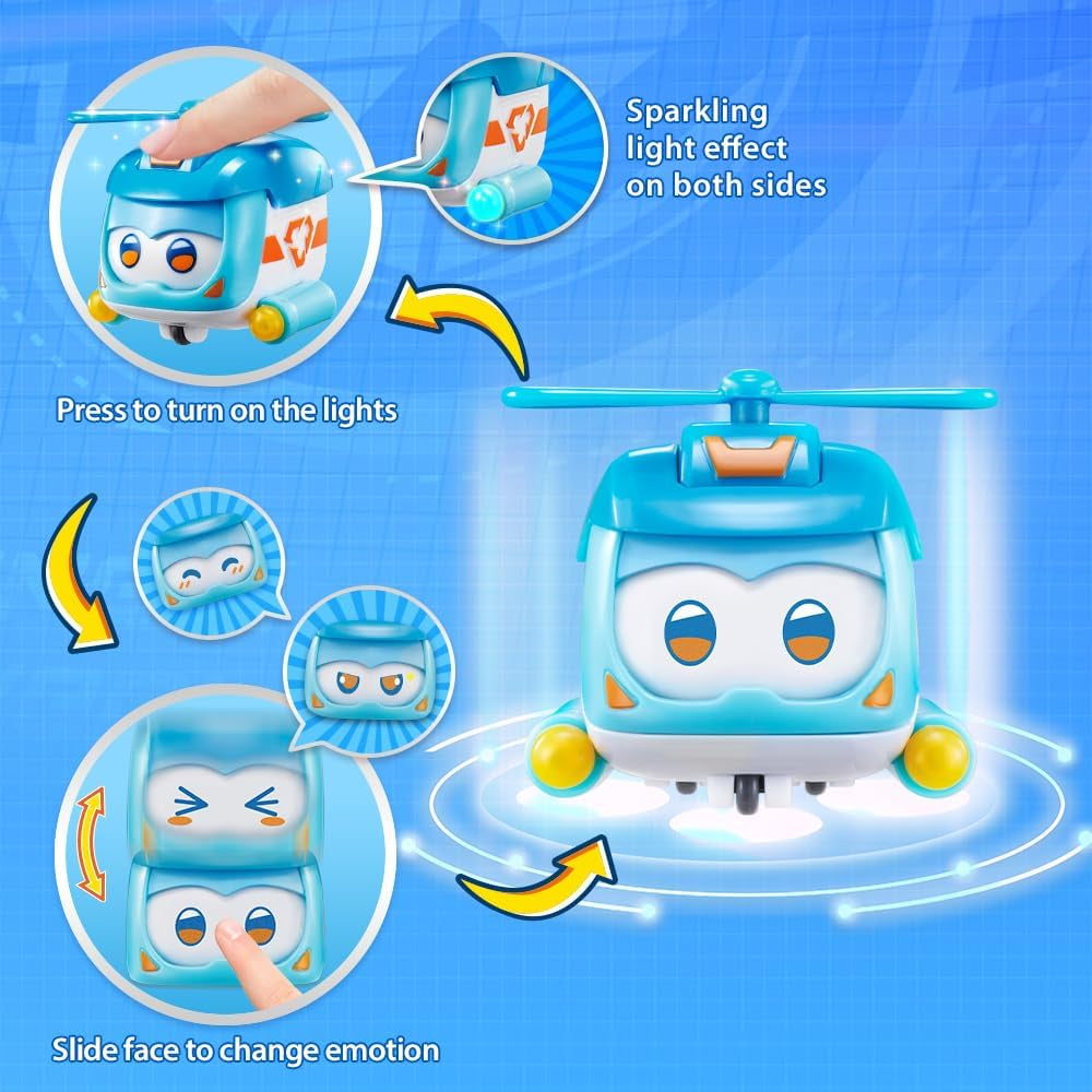 Super Wings Super Pets 4 STUKS Shine, Golden Boy, Jerome, Ellie Verwisselbare gezichtsuitdrukking Bliksemeffect Draagbaar speelgoed voor 3 4 5 6 7 8 jaar oude jongensmeisjes 2 inch actiefiguren Naty Shop