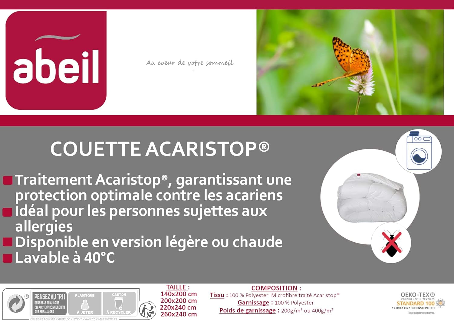 Abeil Acaristop dekbedovertrek met anti-mijt- en antibacteriële werking, polyester, wit, 220 X 240 cm Dekbedden en dekbedden Naty Shop